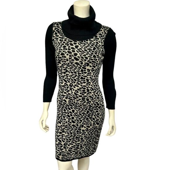 Calvin Klein Leopard Print Black Turtleneck Sweater Dress Above Knee Mini Soft - Picture 1 of 6